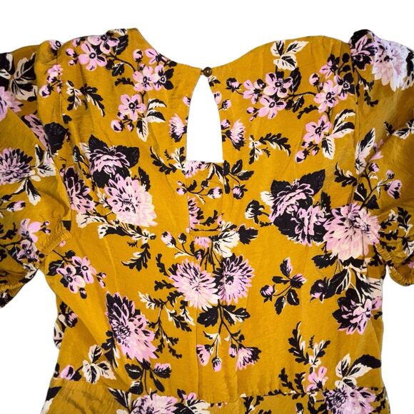 Anthropologie Maeve Midi Dress Size 14 Hi-Low Puff Sleeve Mustard Gold Floral - Picture 7 of 13